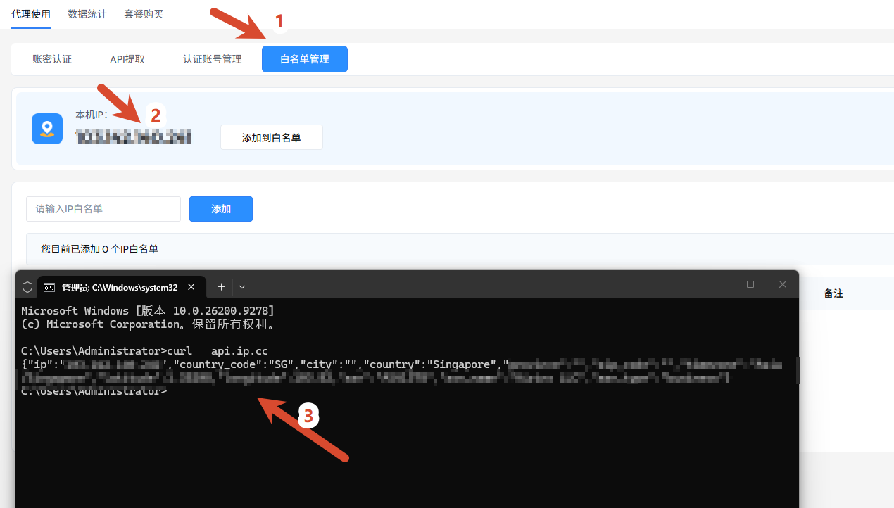 图 1:白名单管理页与本机 IP 的核对